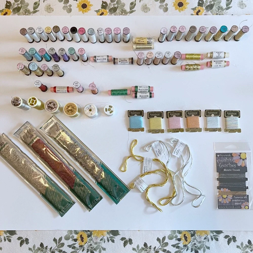 Metallic Embroidery Thread Lot Kreinik Madeira Glissen Gloss DMC 70+ Pieces